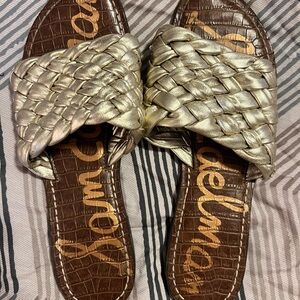 Sam Edelman Gold and Brown Woven Slide Sandals